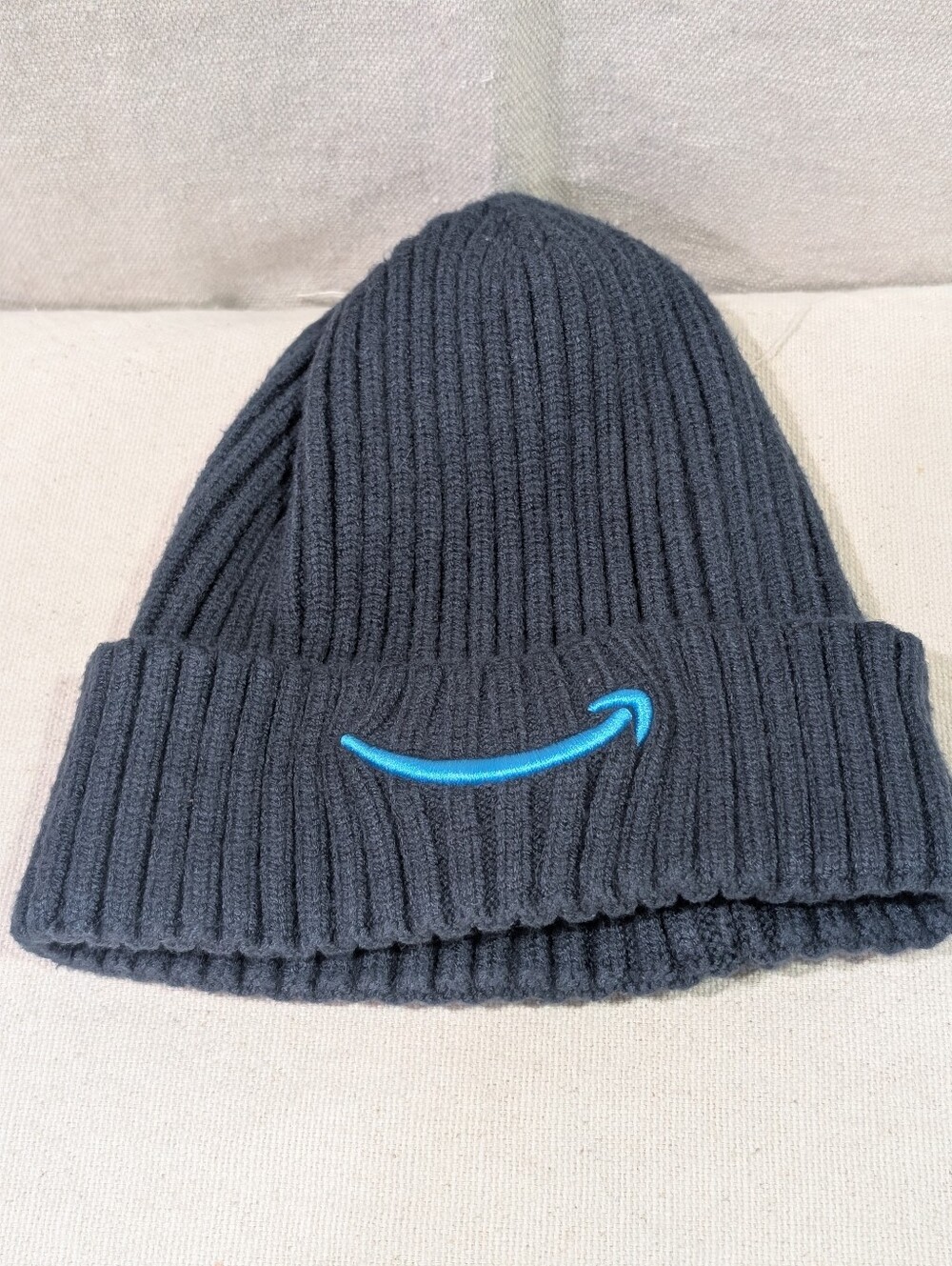 Amazon Navy Blue Ribbed Knit Beanie Hat Embroidered Logo Unisex Adult One Size